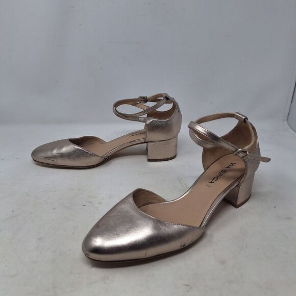 Via Spiga Rose Gold Metallic Leather Block Heel D'Orsay Pumps Minimalist Sz 8.5 - Picture 1 of 8